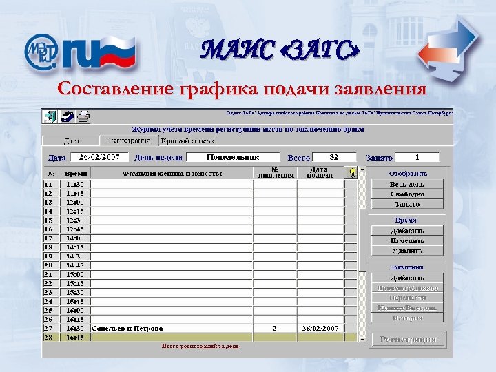 МАИС «ЗАГС» Составление графика подачи заявления 