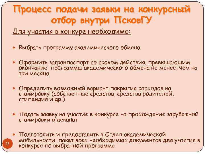 Процесс подачи заявки на конкурсный отбор внутри Псков. ГУ Для участия в конкуре необходимо: