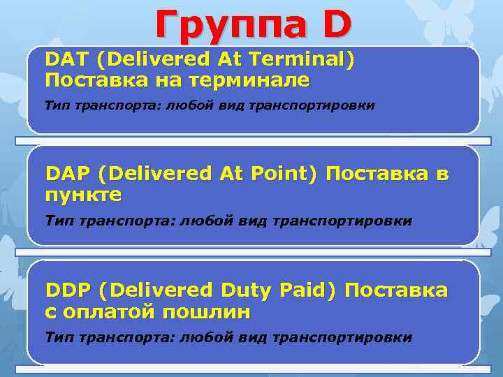 Группа D DAT (Delivered At Terminal) Поставка на терминале Тип транспорта: любой вид транспортировки