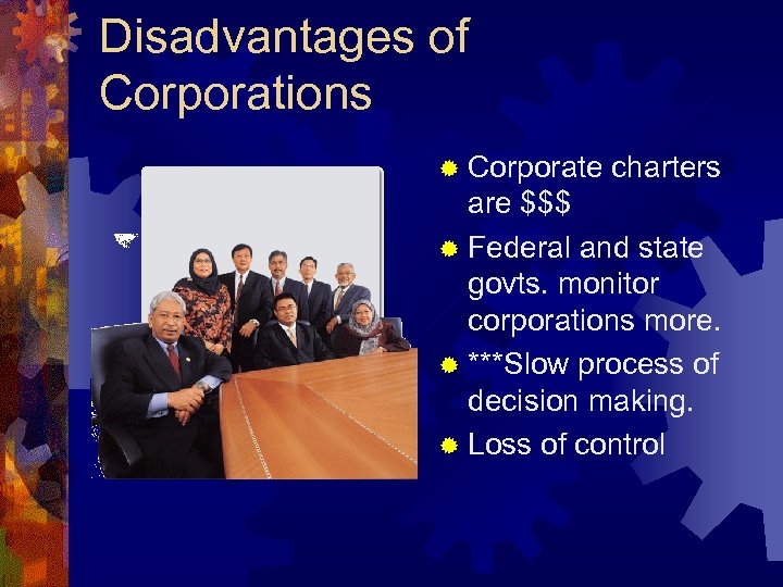 Disadvantages of Corporations ® Corporate charters are $$$ ® Federal and state govts. monitor