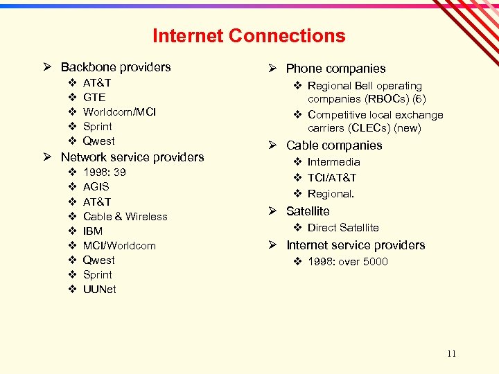 Internet Connections Ø Backbone providers v v v AT&T GTE Worldcom/MCI Sprint Qwest Ø