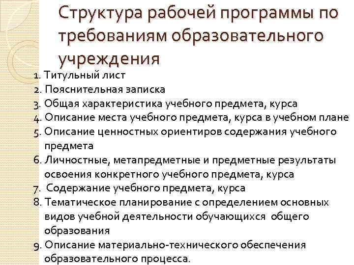 Структура рабочей программы по требованиям образовательного учреждения 1. Титульный лист 2. Пояснительная записка 3.