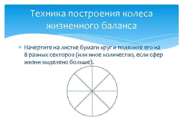 Техника построения колеса жизненного баланса Начертите на листке бумаги круг и поделите его на