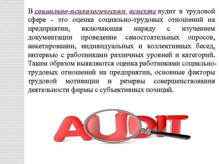 В социально-психологическом аспекте аудит в трудовой сфере - это оценка социально-трудовых отношений на предприятии,