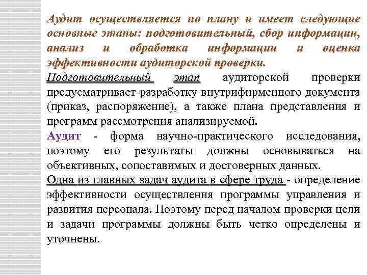 Аудит осуществляется по плану и имеет следующие основные этапы: подготовительный, сбор информации, анализ и