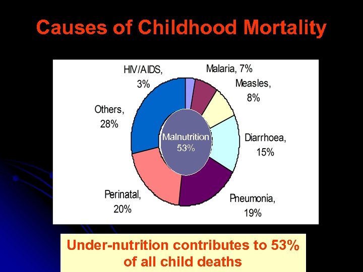 Causes of Childhood Mortality Malnutrition 53% Under-nutrition contributes to 53% of all child deaths