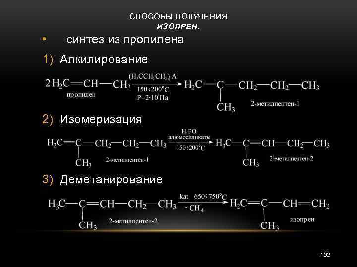 СПОСОБЫ ПОЛУЧЕНИЯ ИЗОПРЕН. • синтез из пропилена 1) Алкилирование 2) Изомеризация 3) Деметанирование 102