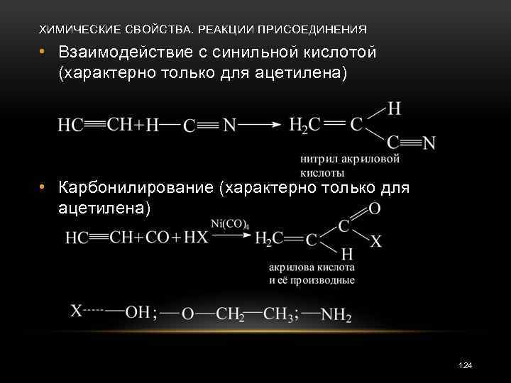 Реакции присоединения химия. Реакция взаимодействия ацетилена синильной кислотой. Синтез акриловой кислоты из ацетилена. Реакция присоединения синильной кислоты.