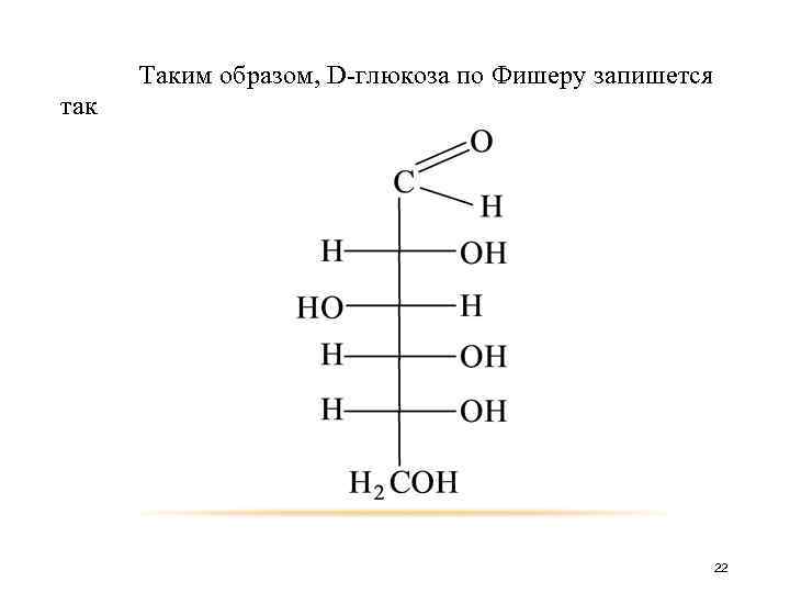 Таким образом, D-глюкоза по Фишеру запишется так 22 