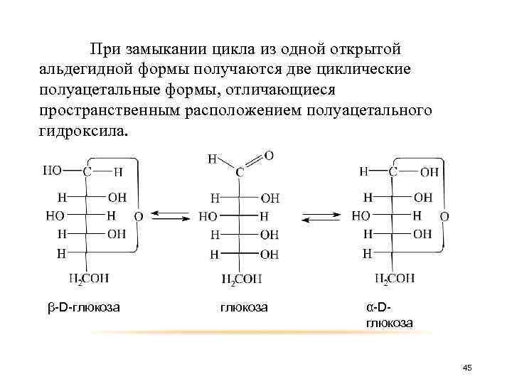 При замыкании цикла из одной открытой альдегидной формы получаются две циклические полуацетальные формы, отличающиеся
