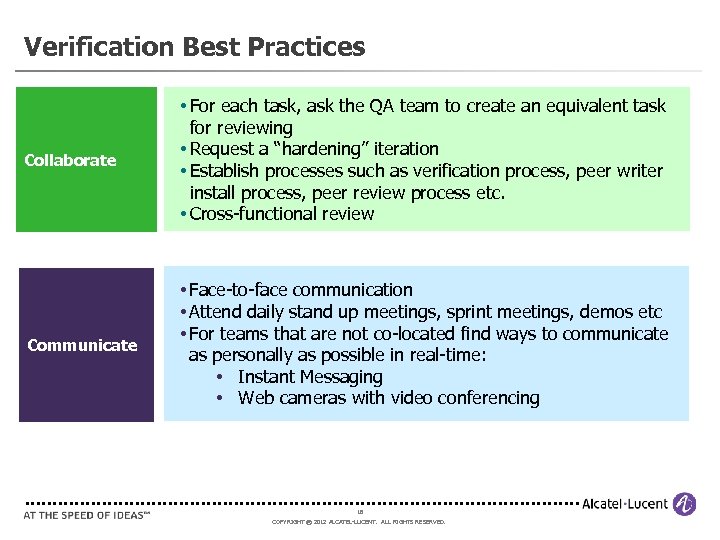 Verification Best Practices Collaborate • For each task, ask the QA team to create