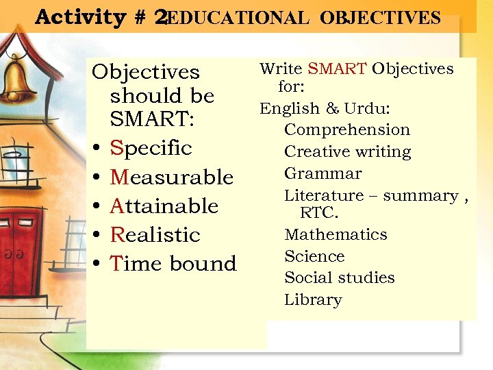 Activity # 2 : EDUCATIONAL OBJECTIVES Objectives should be SMART: • Specific • Measurable