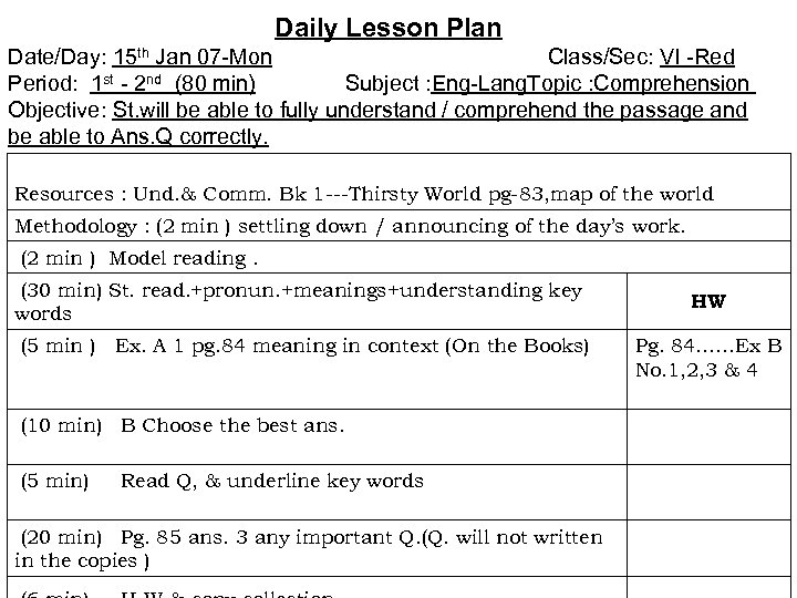 Daily Lesson Plan Date/Day: 15 th Jan 07 -Mon Class/Sec: VI -Red Period: 1