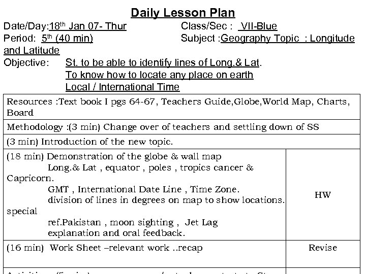 Daily Lesson Plan Date/Day: 18 th Jan 07 - Thur Class/Sec : VII-Blue Period: