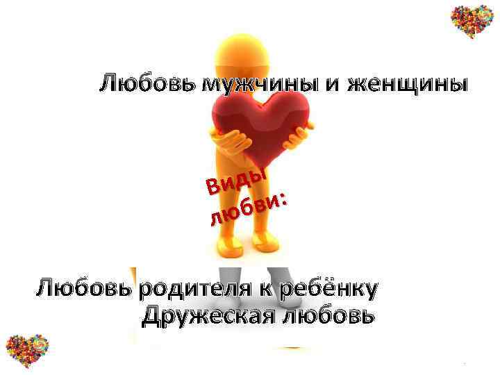 Любовь мужчины и женщины иды В ви: люб Любовь родителя к ребёнку Дружеская любовь
