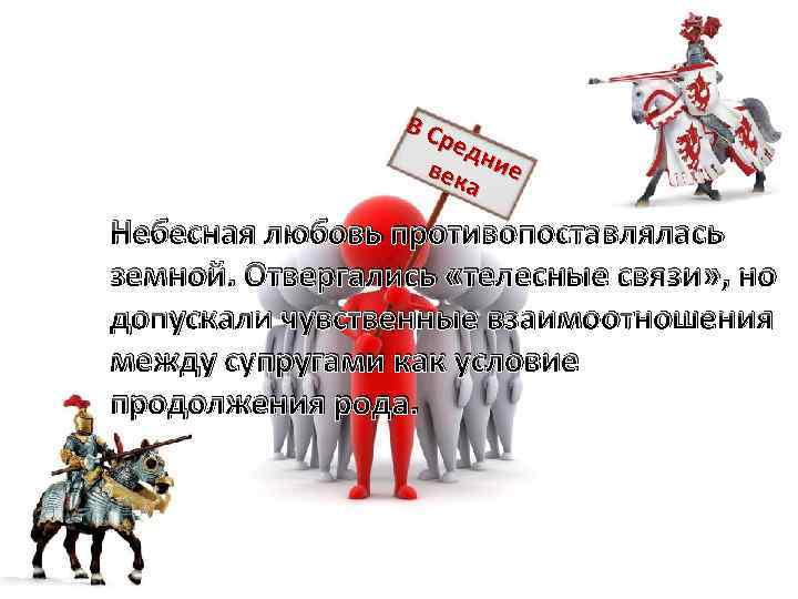 ВС ред век ние а Небесная любовь противопоставлялась земной. Отвергались «телесные связи» , но