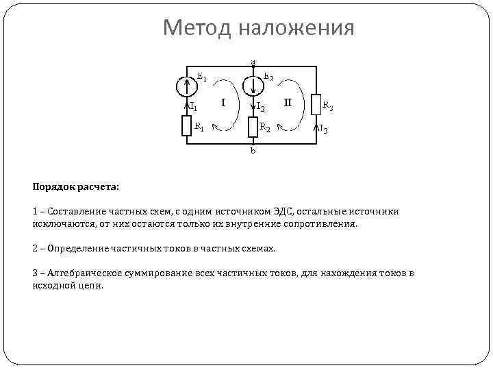 Метод наложения Порядок расчета: 1 – Составление частных схем, с одним источником ЭДС, остальные