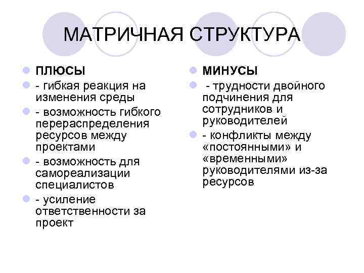 МАТРИЧНАЯ СТРУКТУРА l ПЛЮСЫ l - гибкая реакция на изменения среды l - возможность