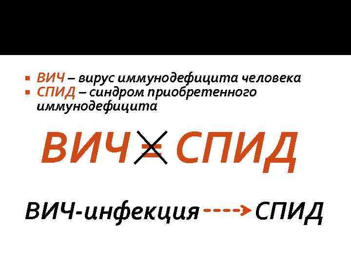  ВИЧ – вирус иммунодефицита человека СПИД – синдром приобретенного иммунодефицита ВИЧ = СПИД