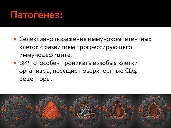 Патогенез: Селективно поражение иммунокомпетентных клеток с развитием прогрессирующего иммунодефицита. ВИЧ способен проникать в любые