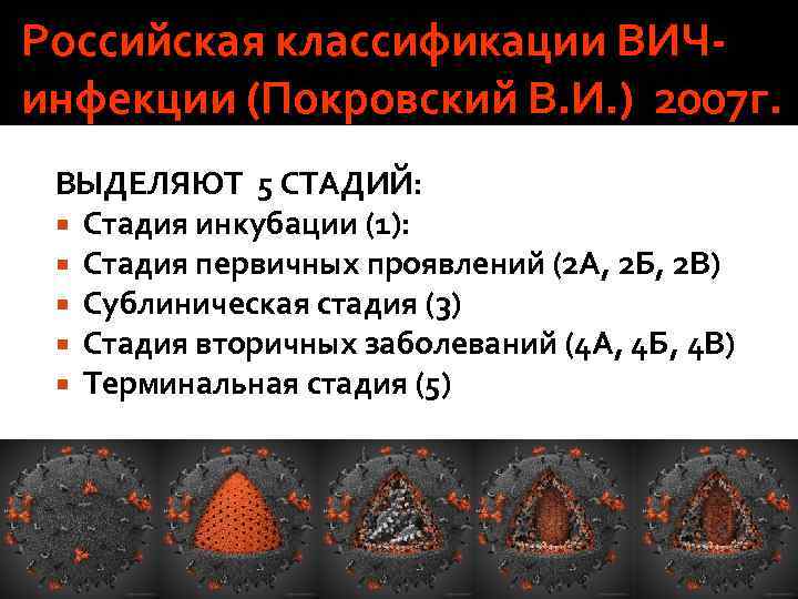 Российская классификации ВИЧинфекции (Покровский В. И. ) 2007 г. ВЫДЕЛЯЮТ 5 СТАДИЙ: Стадия инкубации