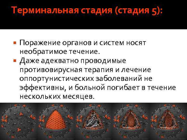 Терминальная стадия (стадия 5): Поражение органов и систем носят необратимое течение. Даже адекватно проводимые