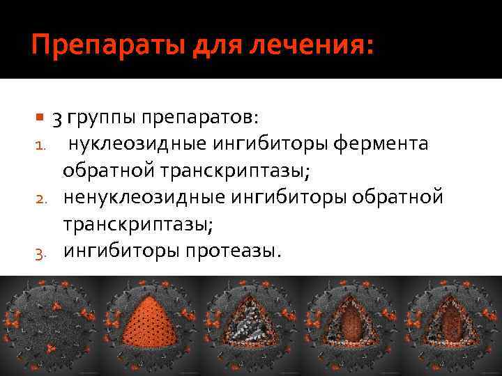 Препараты для лечения: 3 группы препаратов: 1. нуклеозидные ингибиторы фермента обратной транскриптазы; 2. ненуклеозидные