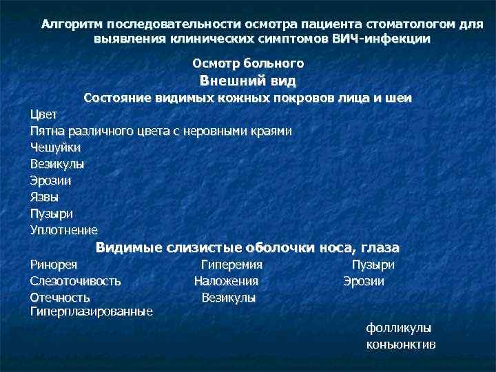 Алгоритм последовательности осмотра пациента стоматологом для выявления клинических симптомов ВИЧ-инфекции Осмотр больного Внешний вид