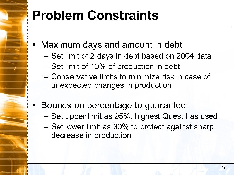 Problem Constraints • Maximum days and amount in debt – Set limit of 2