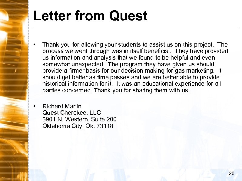 Letter from Quest • Thank you for allowing your students to assist us on