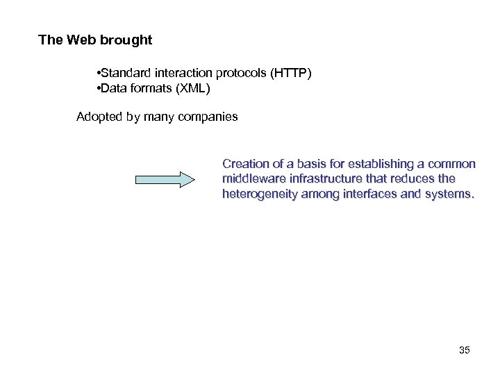 The Web brought • Standard interaction protocols (HTTP) • Data formats (XML) Adopted by