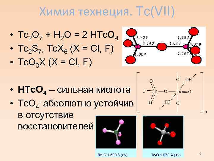 Химия технеция. Tc(VII) • Tc 2 O 7 + H 2 O = 2