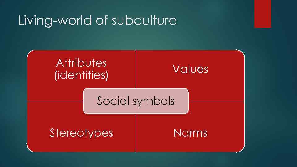 Living-world of subculture Attributes (identities) Values Social symbols Stereotypes Norms 