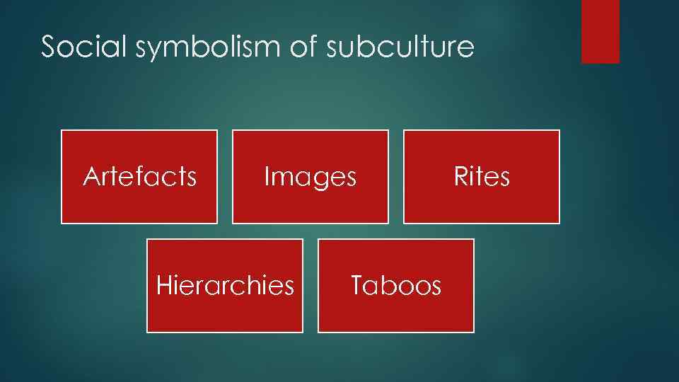 Social symbolism of subculture Artefacts Images Hierarchies Taboos Rites 