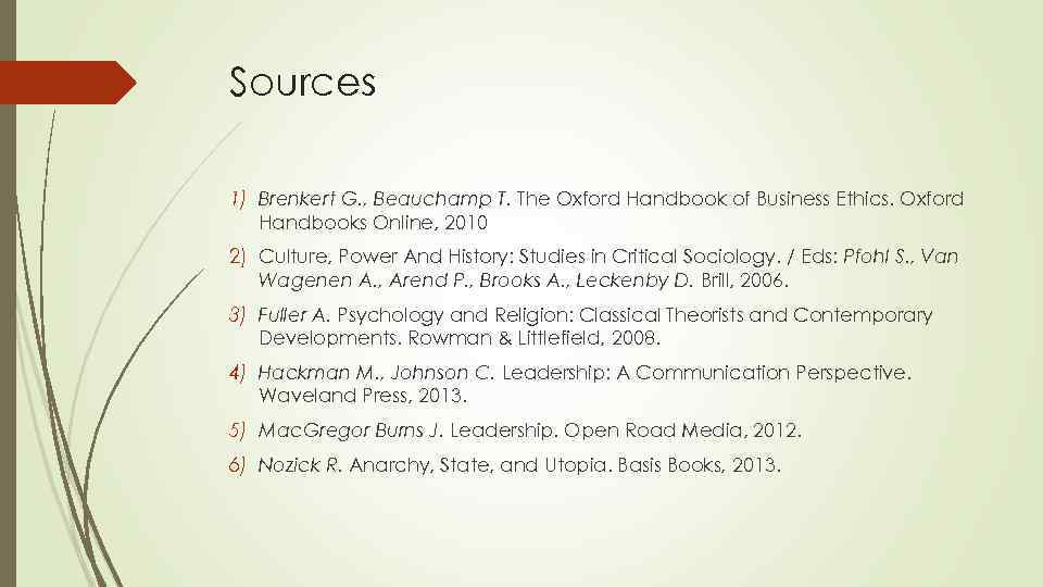 Sources 1) Brenkert G. , Beauchamp T. The Oxford Handbook of Business Ethics. Oxford