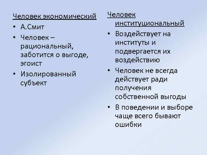 Человек экономический • А. Смит • Человек – рациональный, заботится о выгоде, эгоист •