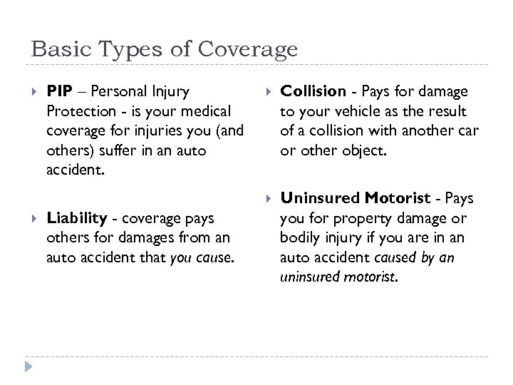 Basic Types of Coverage PIP – Personal Injury Protection - is your medical coverage