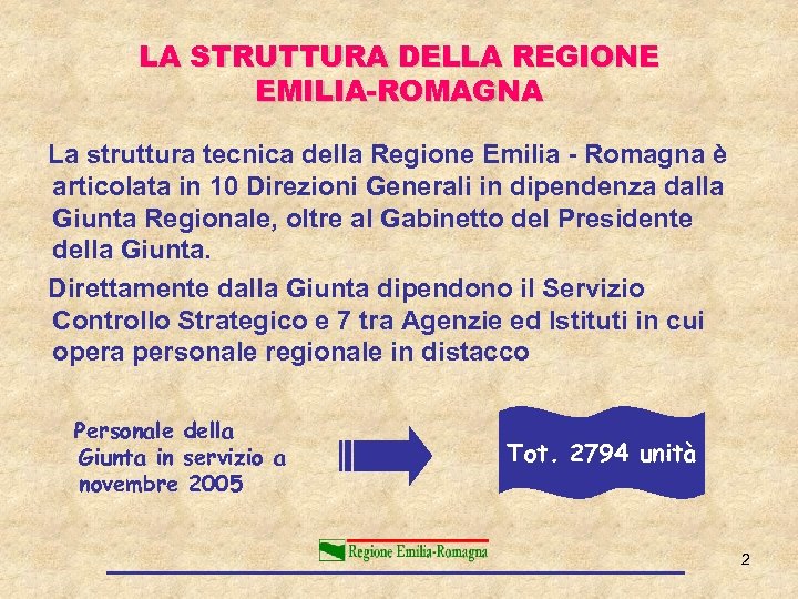 LA STRUTTURA DELLA REGIONE EMILIA-ROMAGNA La struttura tecnica della Regione Emilia - Romagna è