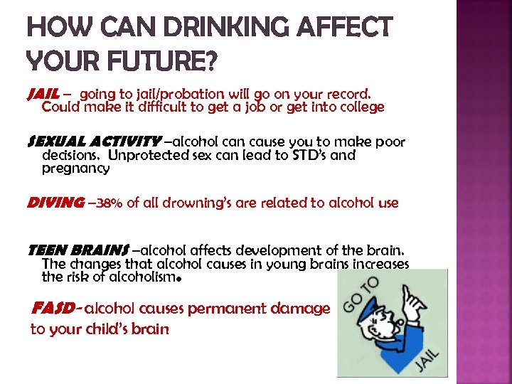 HOW CAN DRINKING AFFECT YOUR FUTURE? JAIL – going to jail/probation will go on