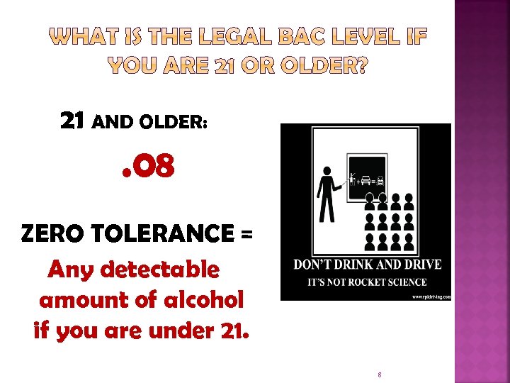 21 AND OLDER: . 08 ZERO TOLERANCE = Any detectable amount of alcohol if