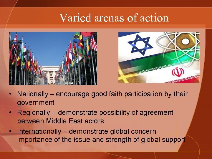 Varied arenas of action • Nationally – encourage good faith participation by their government