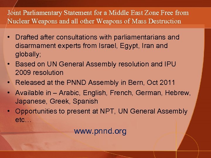 Joint Parliamentary Statement for a Middle East Zone Free from Nuclear Weapons and all