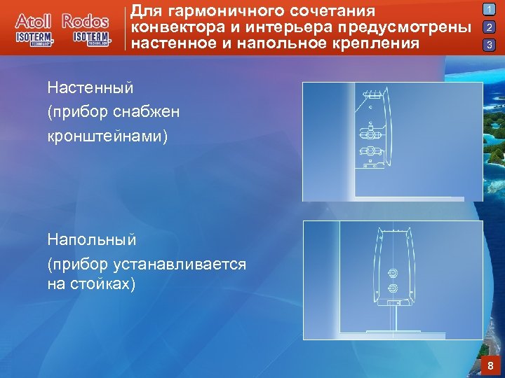 Для гармоничного сочетания конвектора и интерьера предусмотрены настенное и напольное крепления 1 2 3