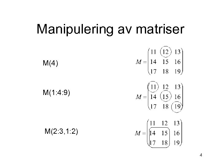 Manipulering av matriser M(4) M(1: 4: 9) M(2: 3, 1: 2) 4 