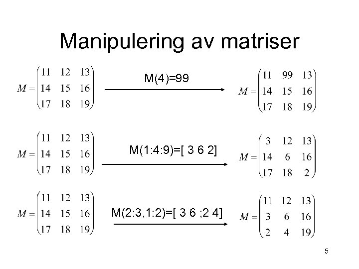 Manipulering av matriser M(4)=99 M(1: 4: 9)=[ 3 6 2] M(2: 3, 1: 2)=[