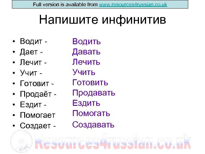 Full version is available from www. resources 4 russian. co. uk Напишите инфинитив •