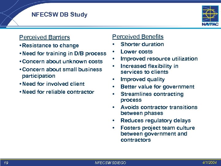 NFECSW DB Study Perceived Barriers Perceived Benefits • Resistance to change • Need for