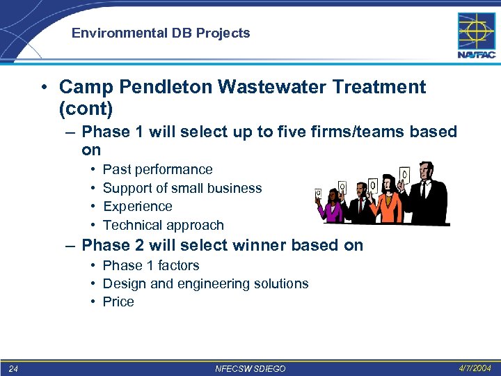 Environmental DB Projects • Camp Pendleton Wastewater Treatment (cont) – Phase 1 will select