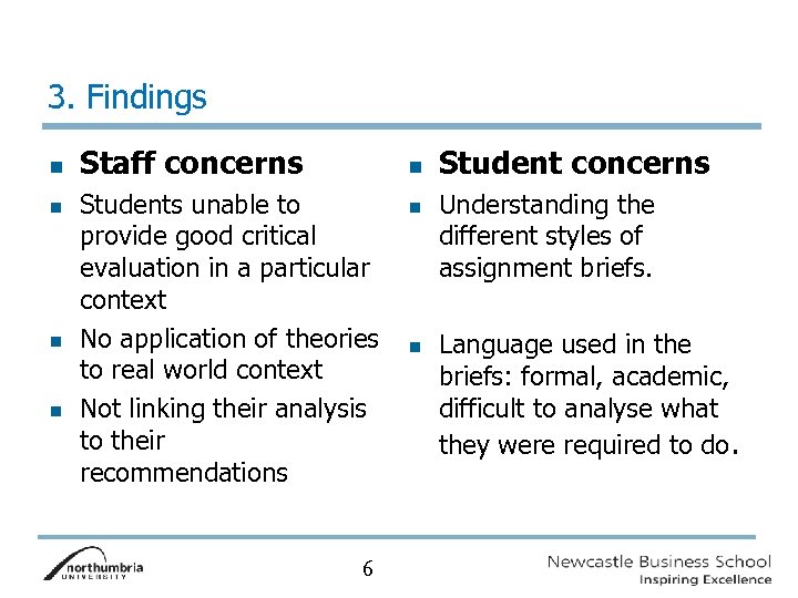 3. Findings n n Staff concerns n Students unable to provide good critical evaluation