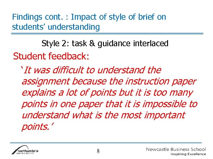Findings cont. : Impact of style of brief on students’ understanding Style 2: task